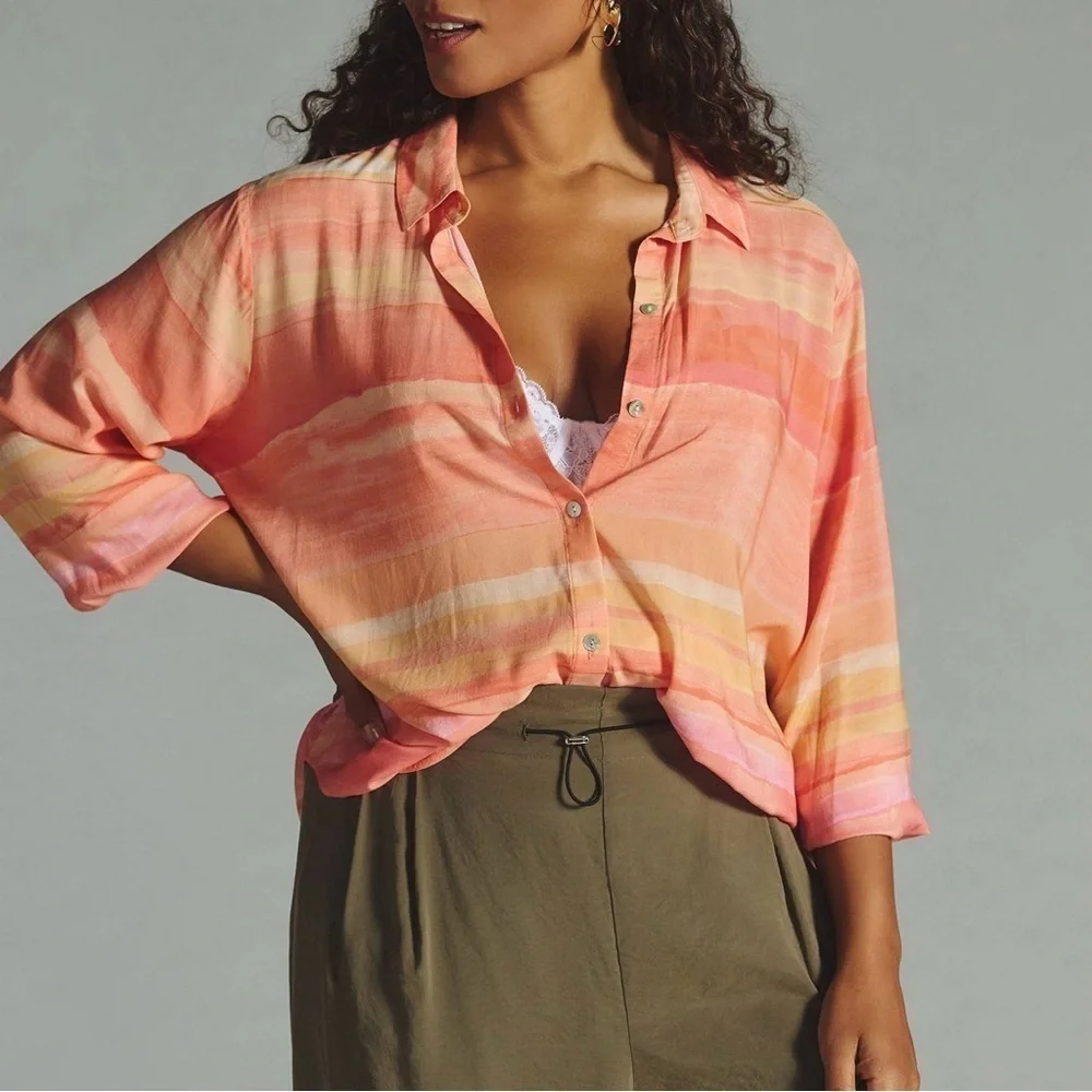 Cloth & Stone Anthropologie Small Orange Stripe Printed Button Down Shirt - Picture 1 of 6